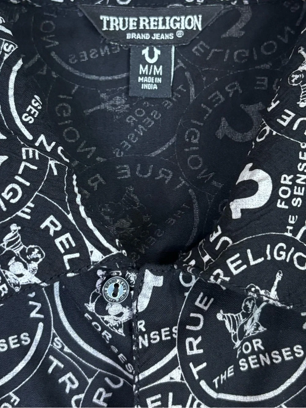 True Religion Black Short Sleeve Button-Up with White Logo Medallion Print